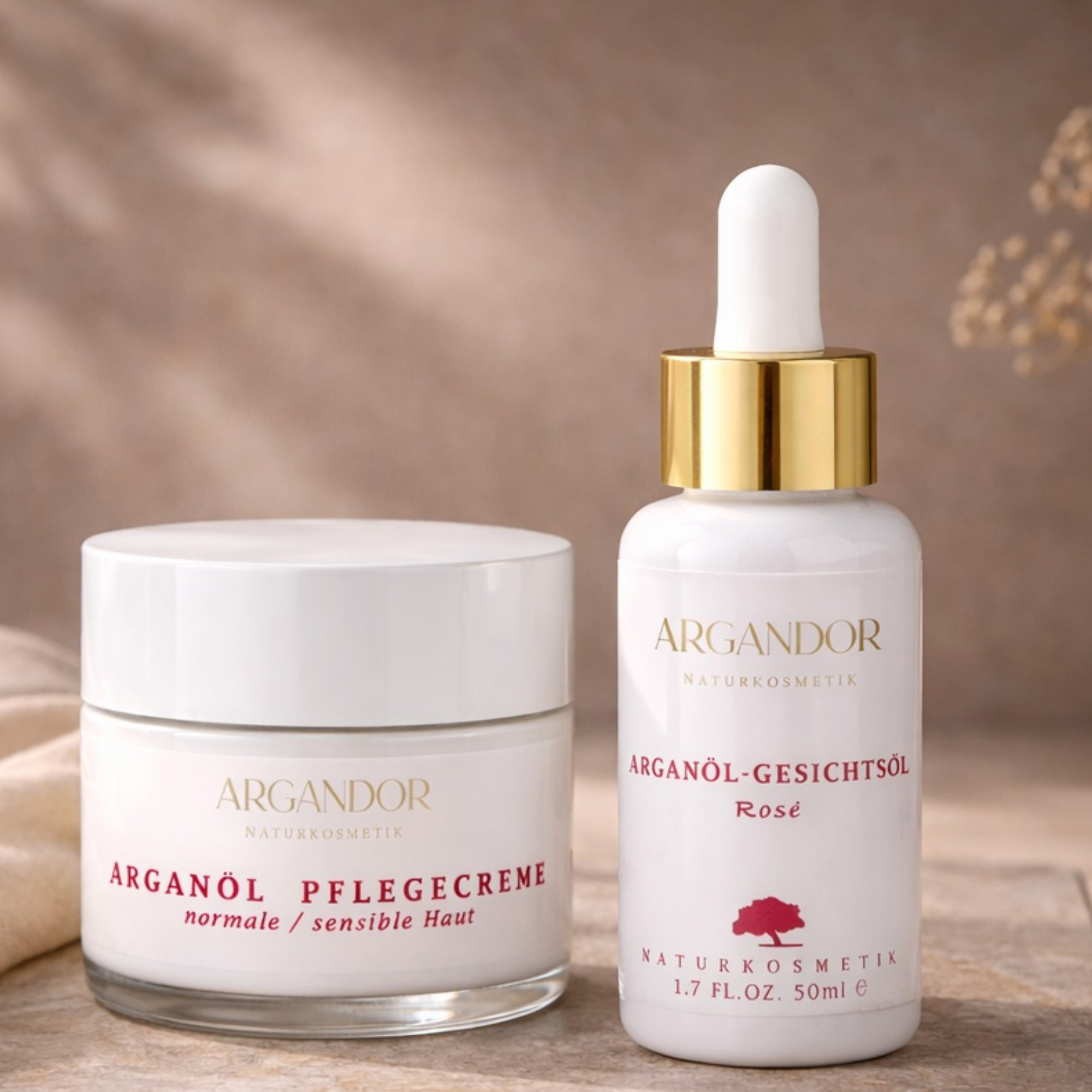 Pflegeset BALANCE: Arganöl Pflegecreme normale Haut & Arganöl Gesichtsöl ROSE