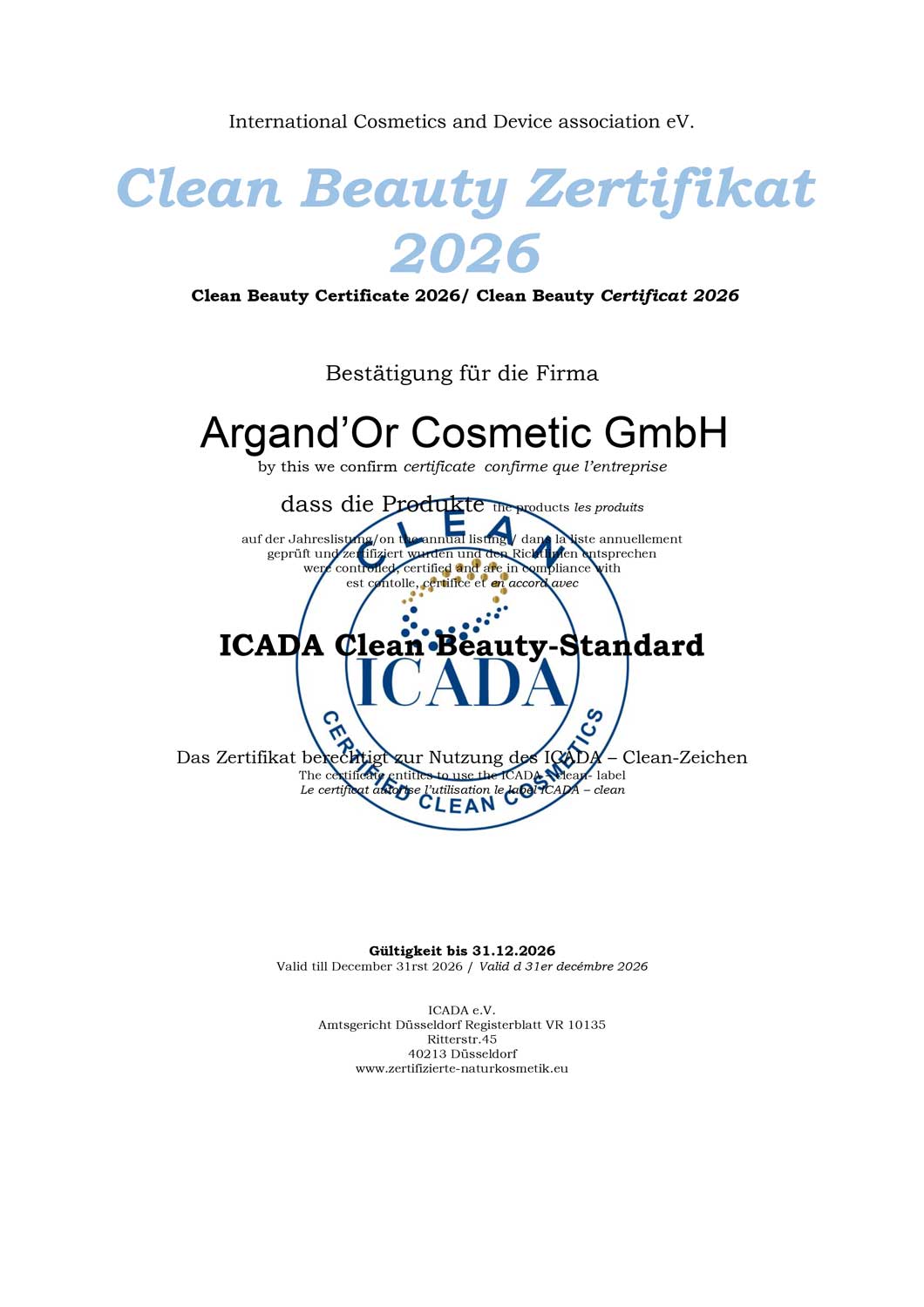 Argand’Or Naturkosmetik – ICADA Siegel & Bio-Zertifizierung