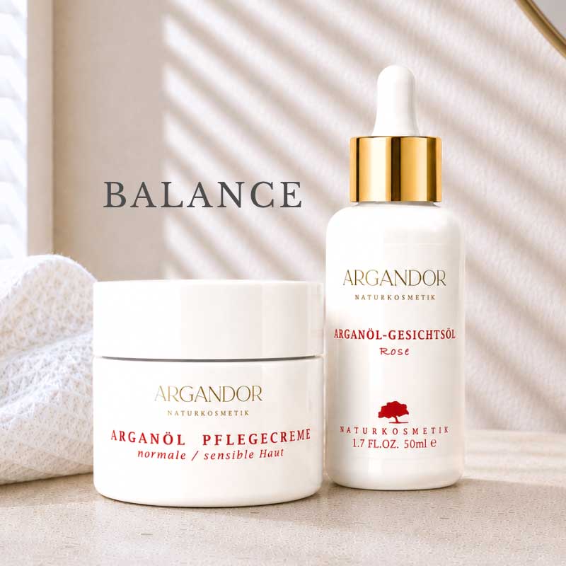 Pflegeset BALANCE: Arganöl Pflegecreme normale Haut & Arganöl Gesichtsöl ROSE
