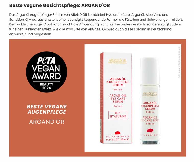 Argandor-Naturkosmetik-PETA-VEGAN-AWARD-beste-vegane-Augenpflege-2024-Pressebericht