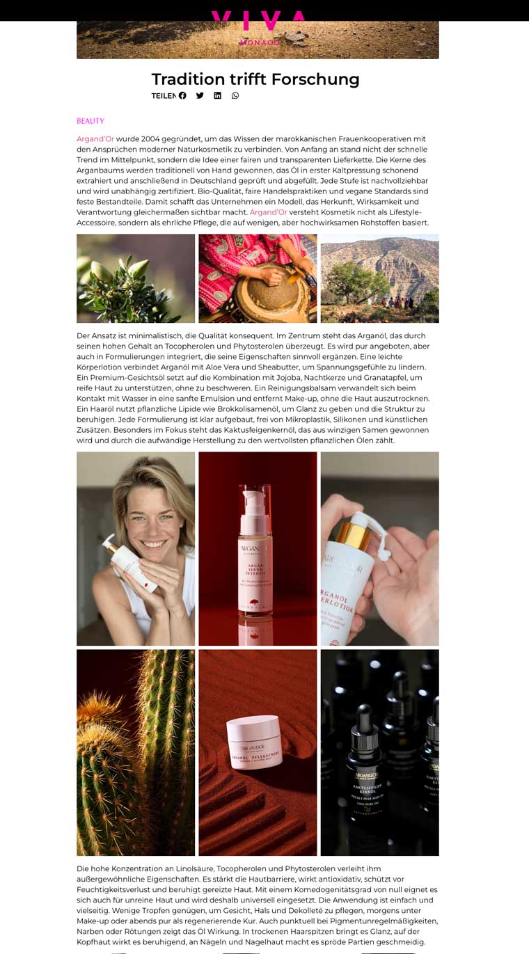 Argandor Medienbericht Tradition und Forschung Lifestyle Magazin VIVA MONACO Auszug des gesamten Artikels