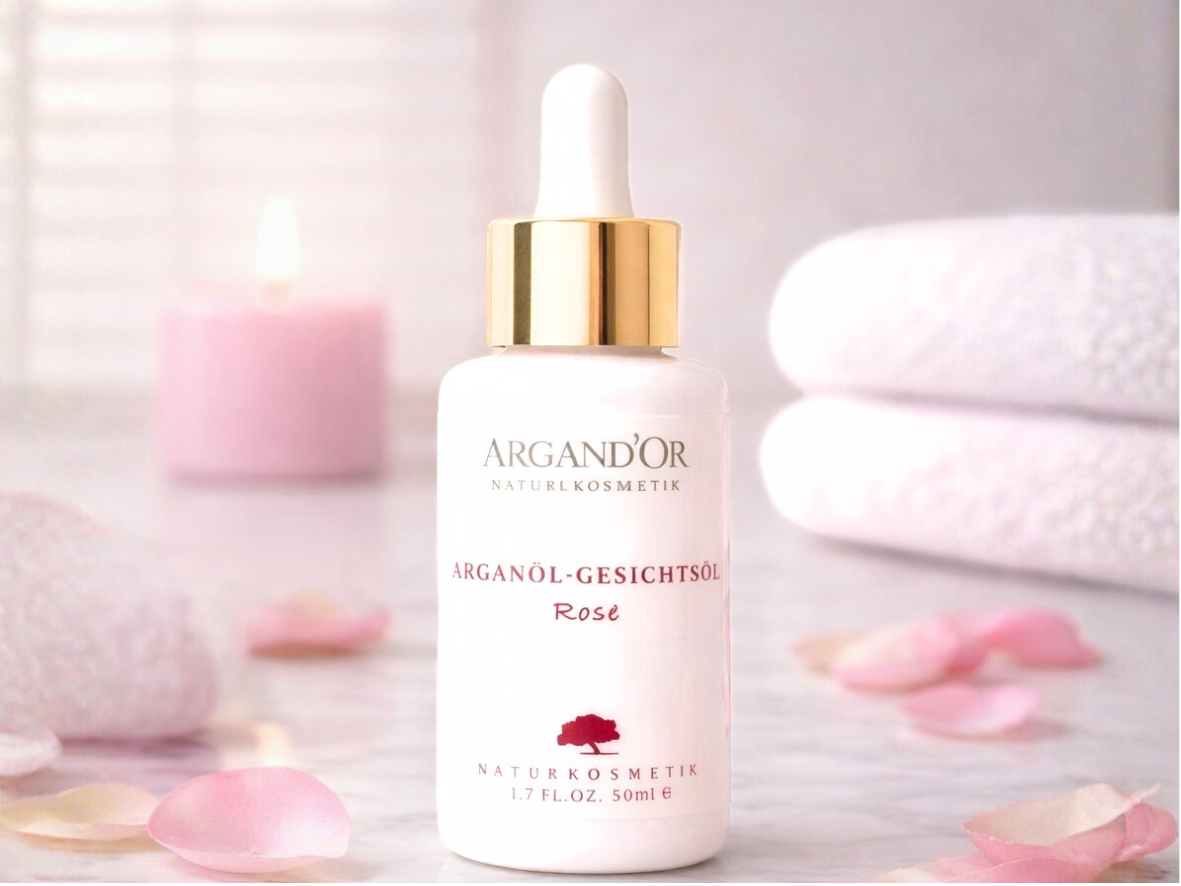 Arganöl Gesichtspflegeöl mit Rose ★ aus biologischem Arganöl und ätherischem Rosenöl ✅ pflegt ✅ regeneriert ✅ wirkt antioxidativ