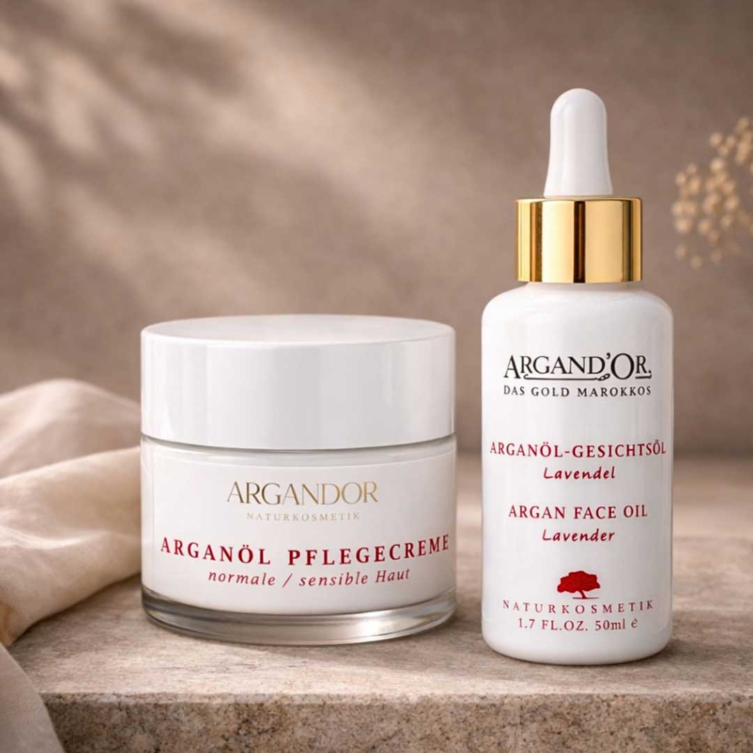 Pflegeset HARMONIE: Arganöl Pflegecreme normale Haut & Arganöl Gesichtsöl LAVENDEL